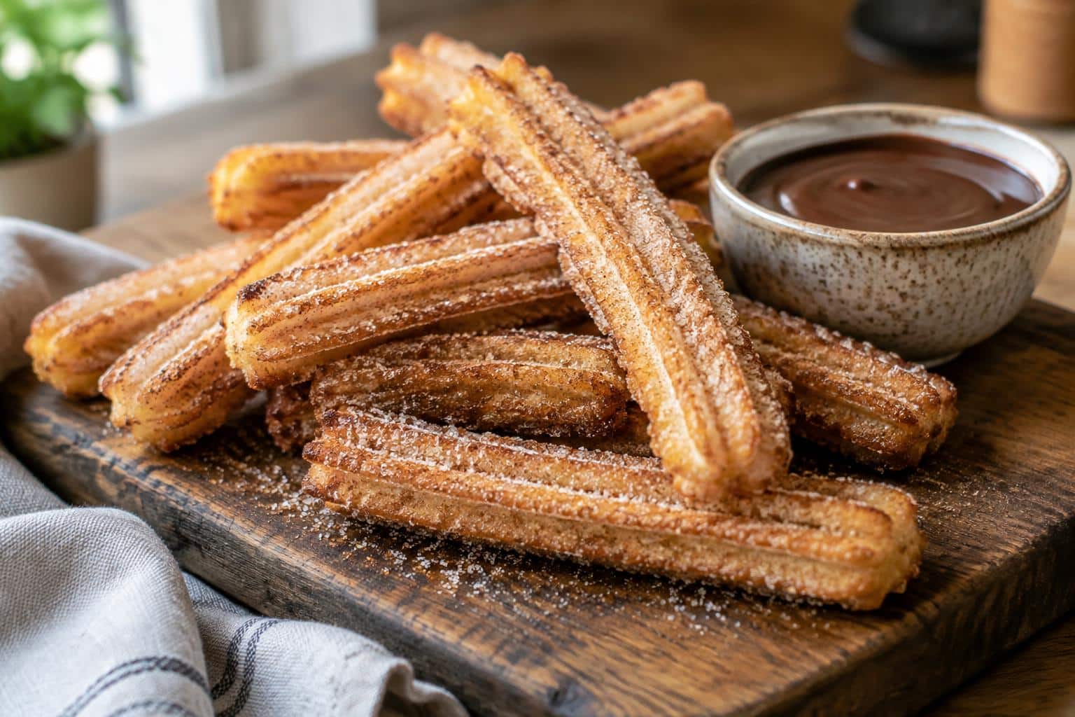 Golden crispy churros coated in cinnamon sugar with chocolate dipping sauce, homemade churros recipe