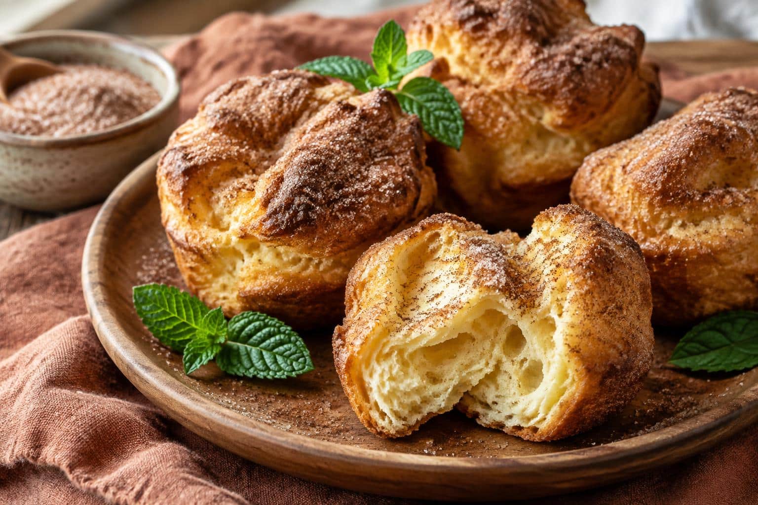 Golden crispy cinnamon sugar popovers with a soft center on a rustic plate, garnished with mint