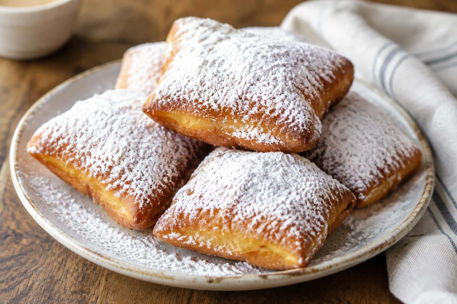 plate of crispy classic sugar beignets dusted with powdered sugar