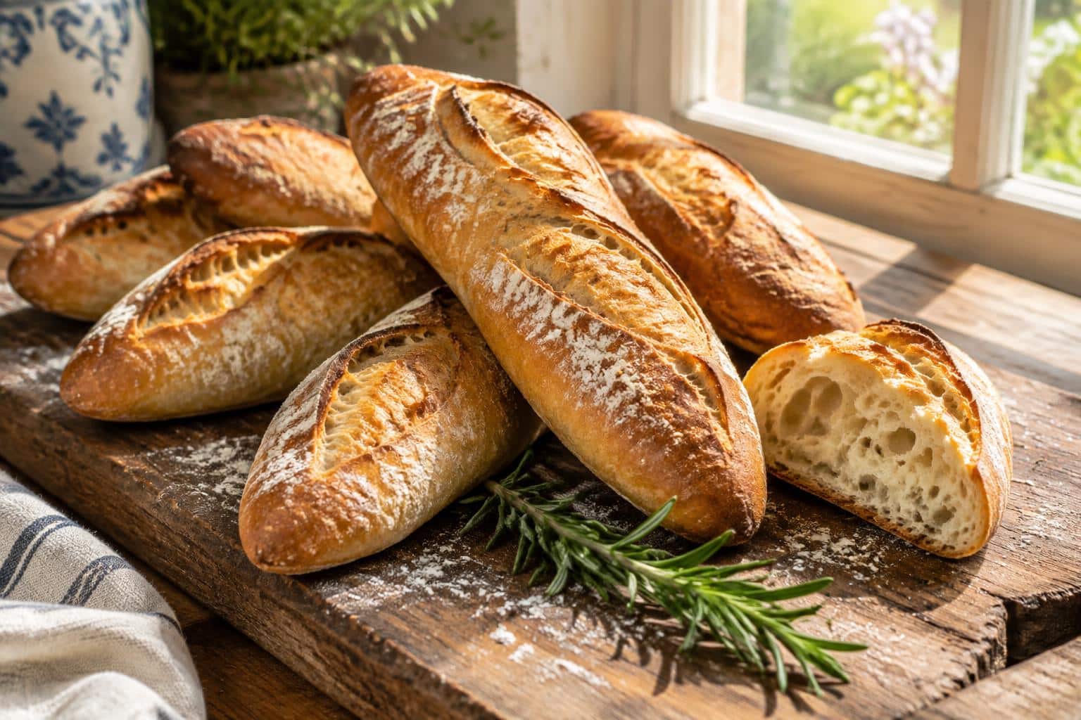 Freshly baked easy homemade crusty mini baguettes with golden crust and soft interior on wooden board