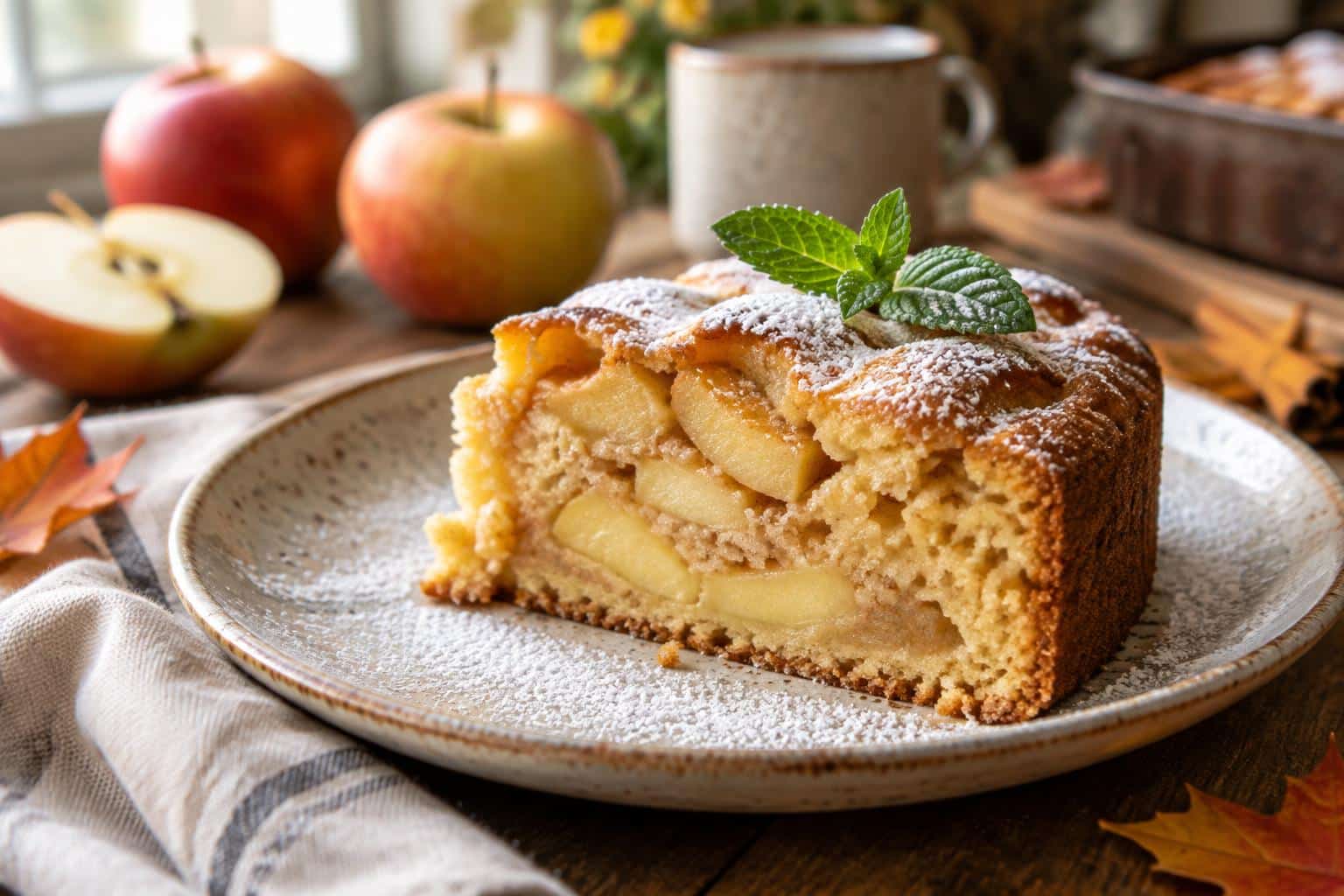 Fluffy apple cake slice with powdered sugar and mint garnish, showcasing soft texture and apple pieces