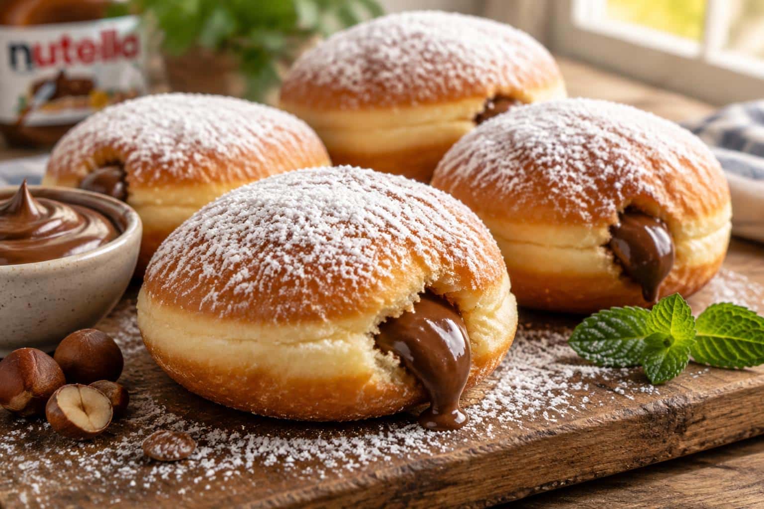 Close-up of fluffy nutella filled donuts dusted with powdered sugar on rustic board