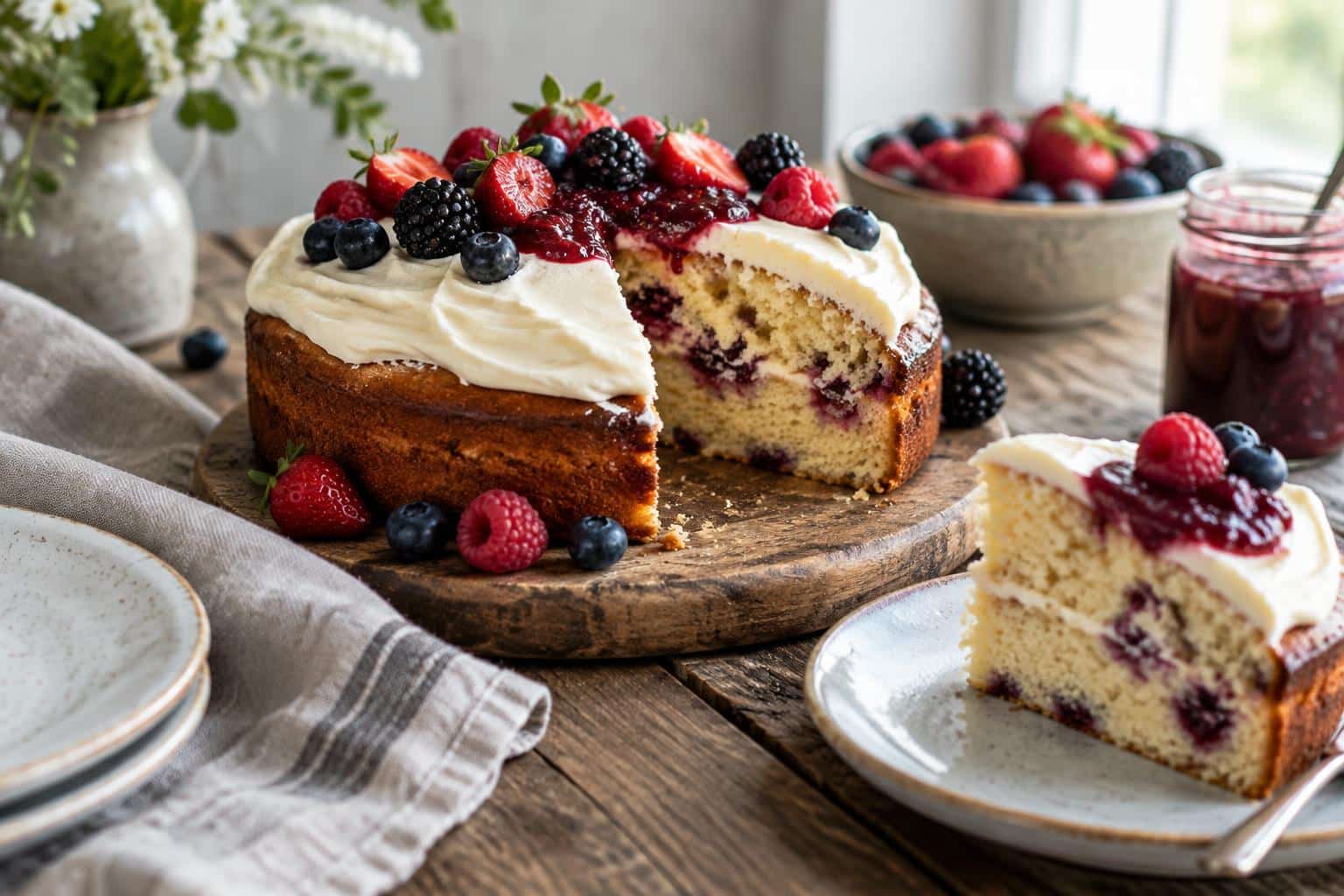 Moist Greek yogurt jam cake with creamy frosting and fresh berries on rustic board