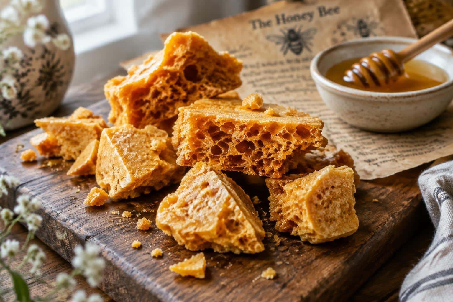 crispy golden honeycomb candy clusters homemade on rustic wooden board