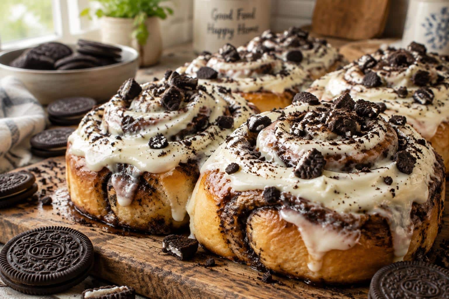 Freshly baked easy homemade Oreo Cinnabon cinnamon rolls with creamy frosting and Oreo crumbles