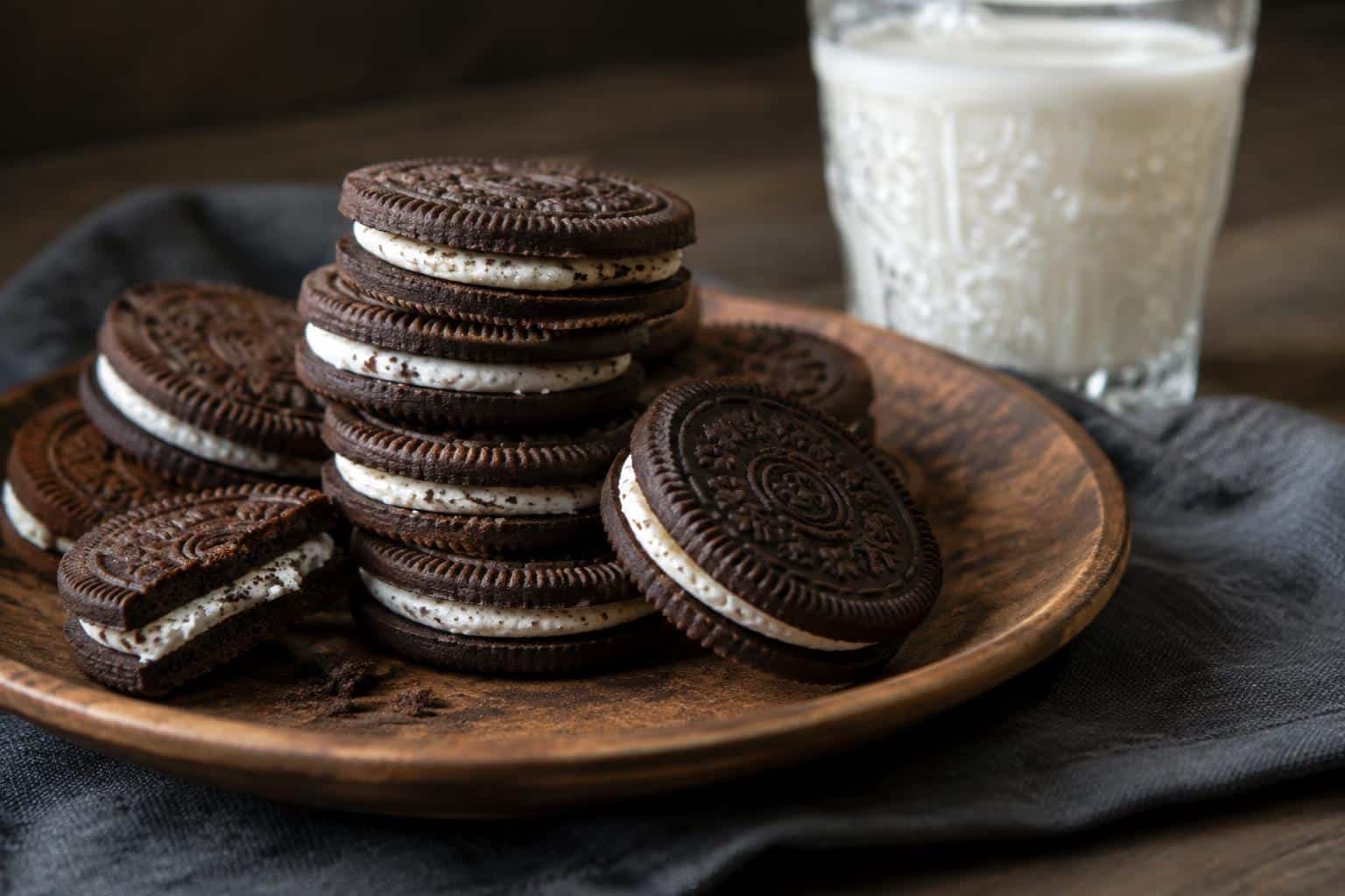 stack of homemade oreo cookies showing creamy filling and crispy chocolate cookies on rustic plate
