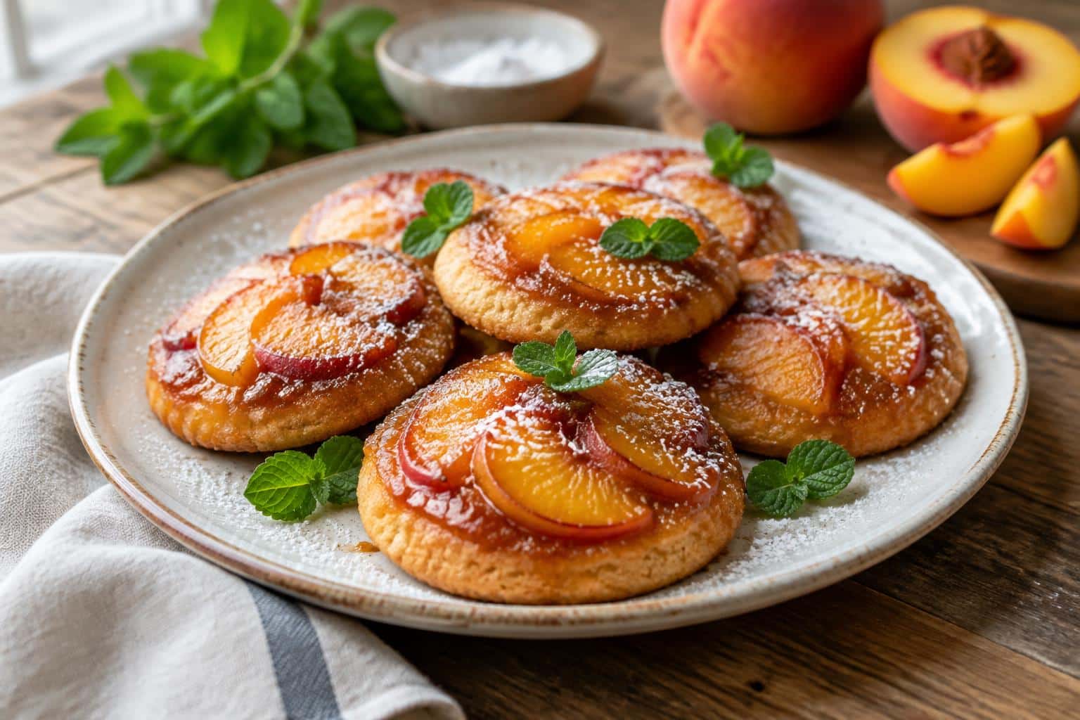 Peach upside down cookies with caramelized peach topping on a rustic wooden plate