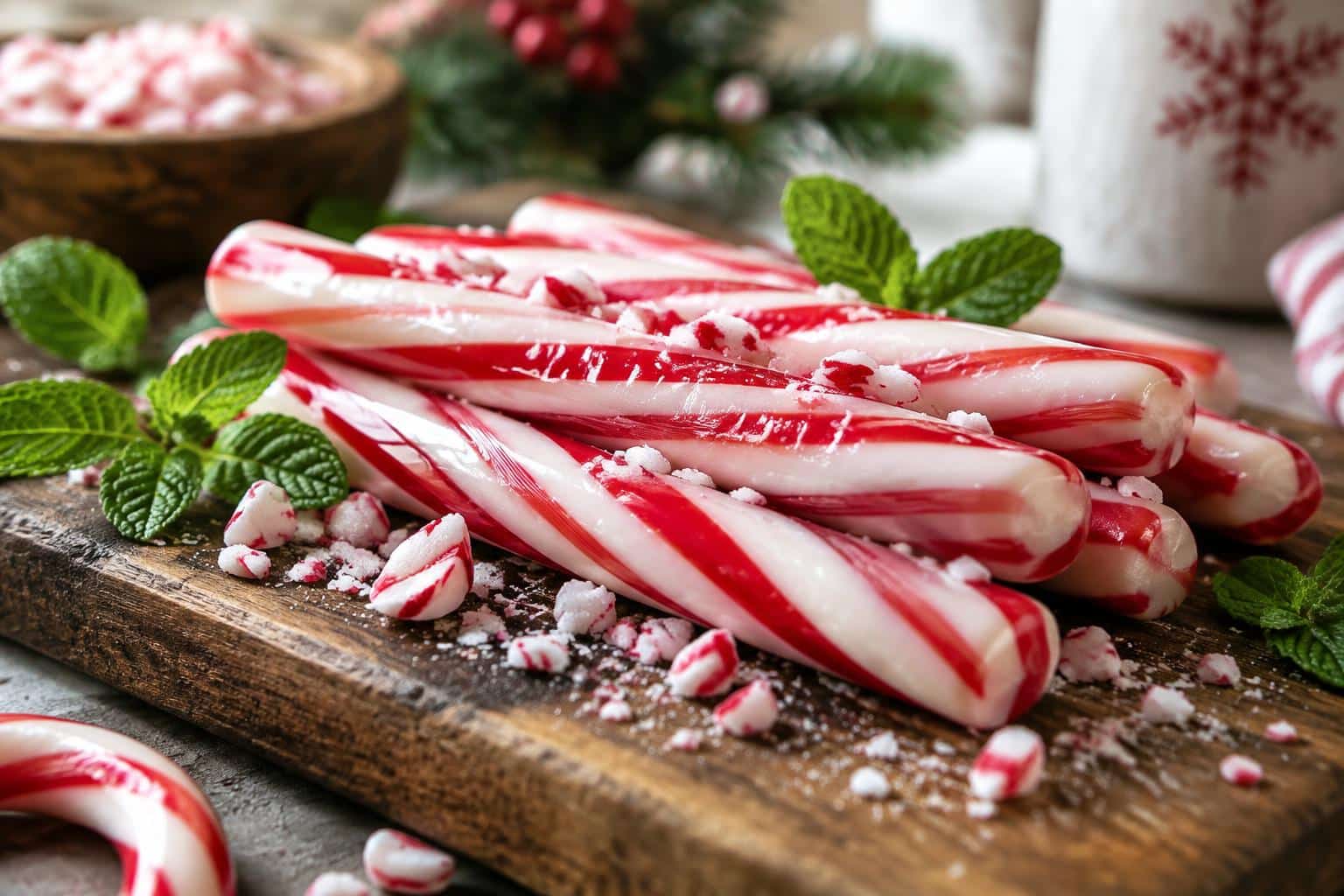 homemade peppermint sticks arranged on rustic board with crushed candy canes and peppermint leaves