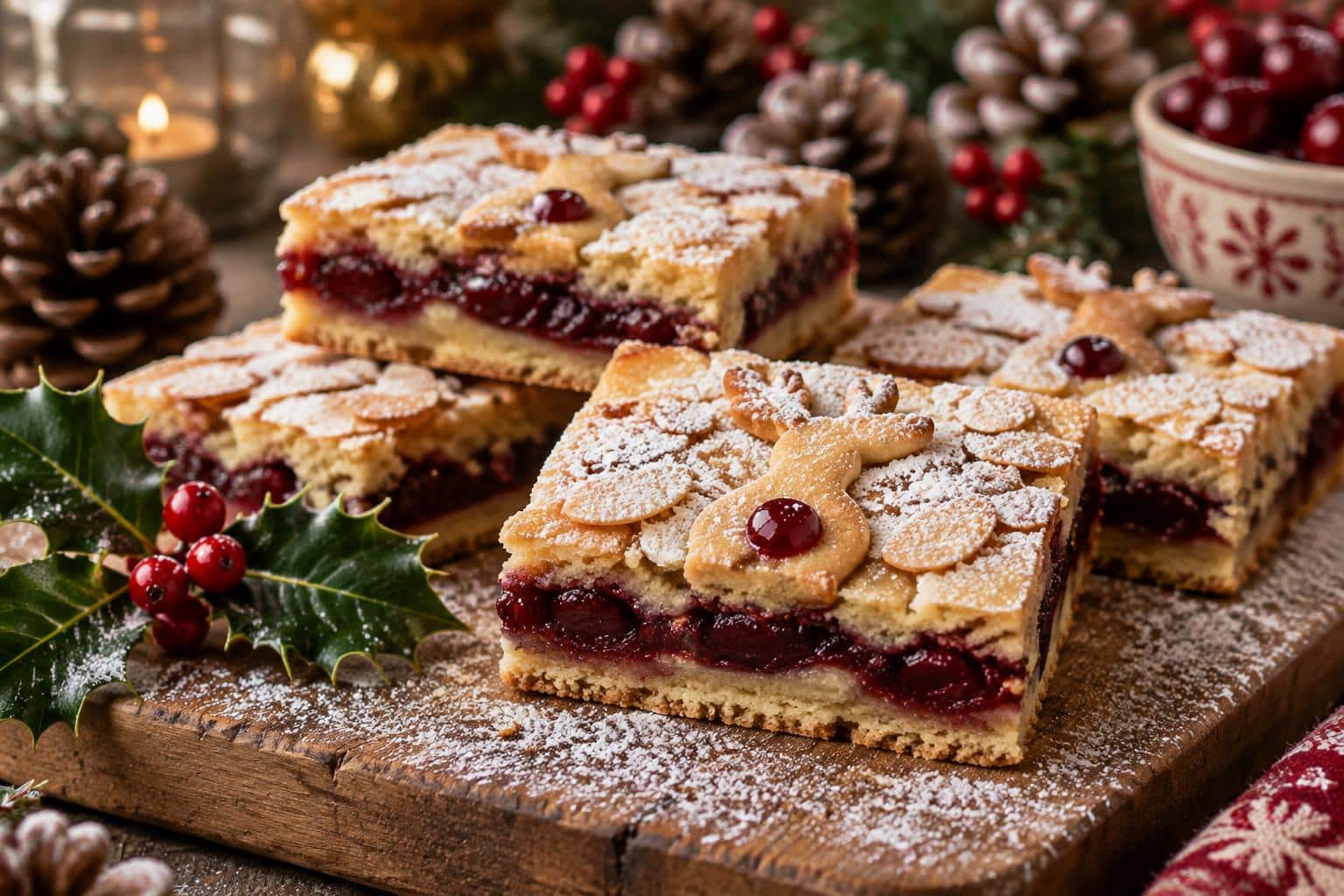 Freshly baked reindeer cherry bakewell bars dusted with powdered sugar and garnished with holly