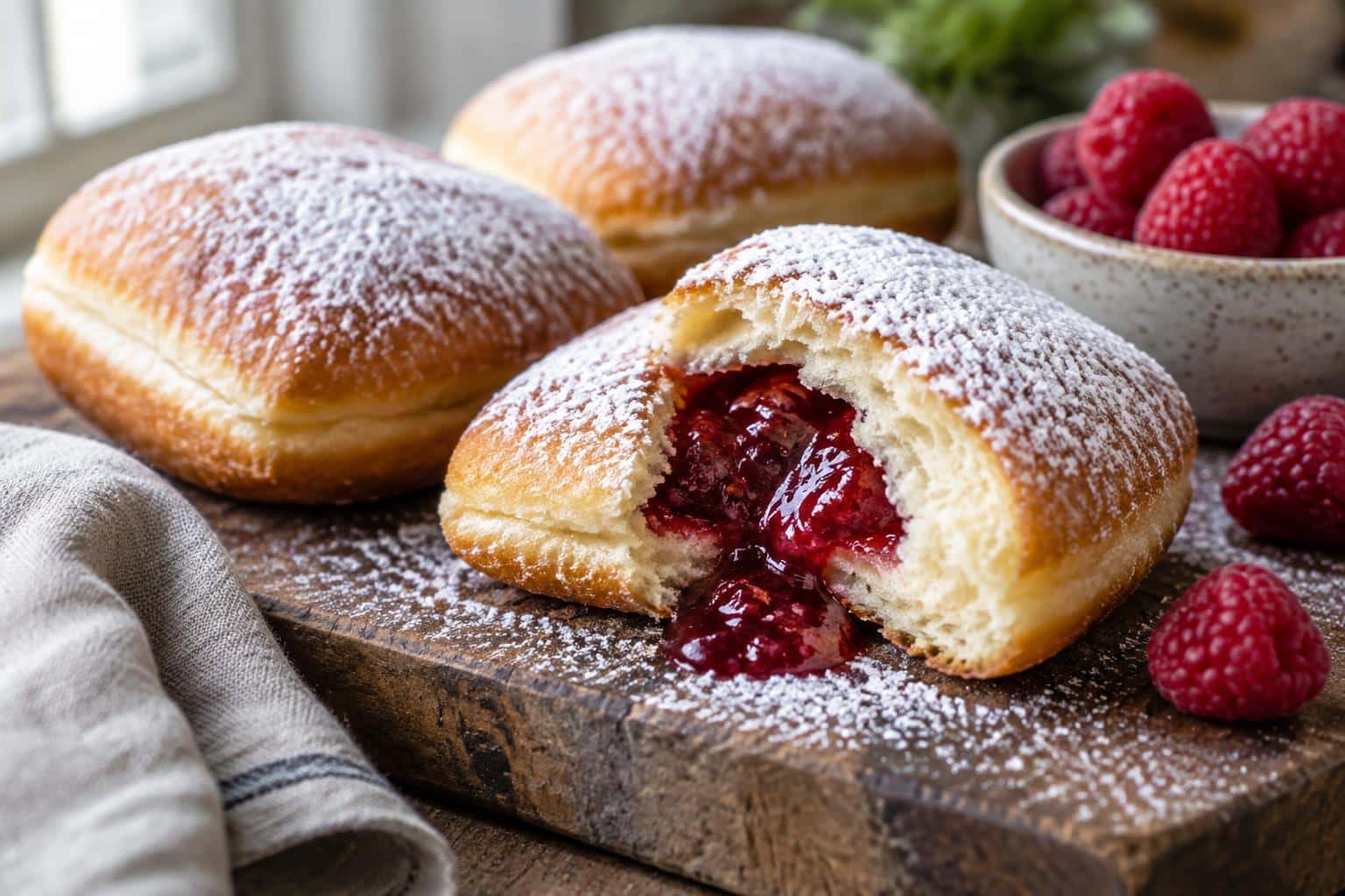 Golden soft filled beignets dusted with powdered sugar showing raspberry jam filling