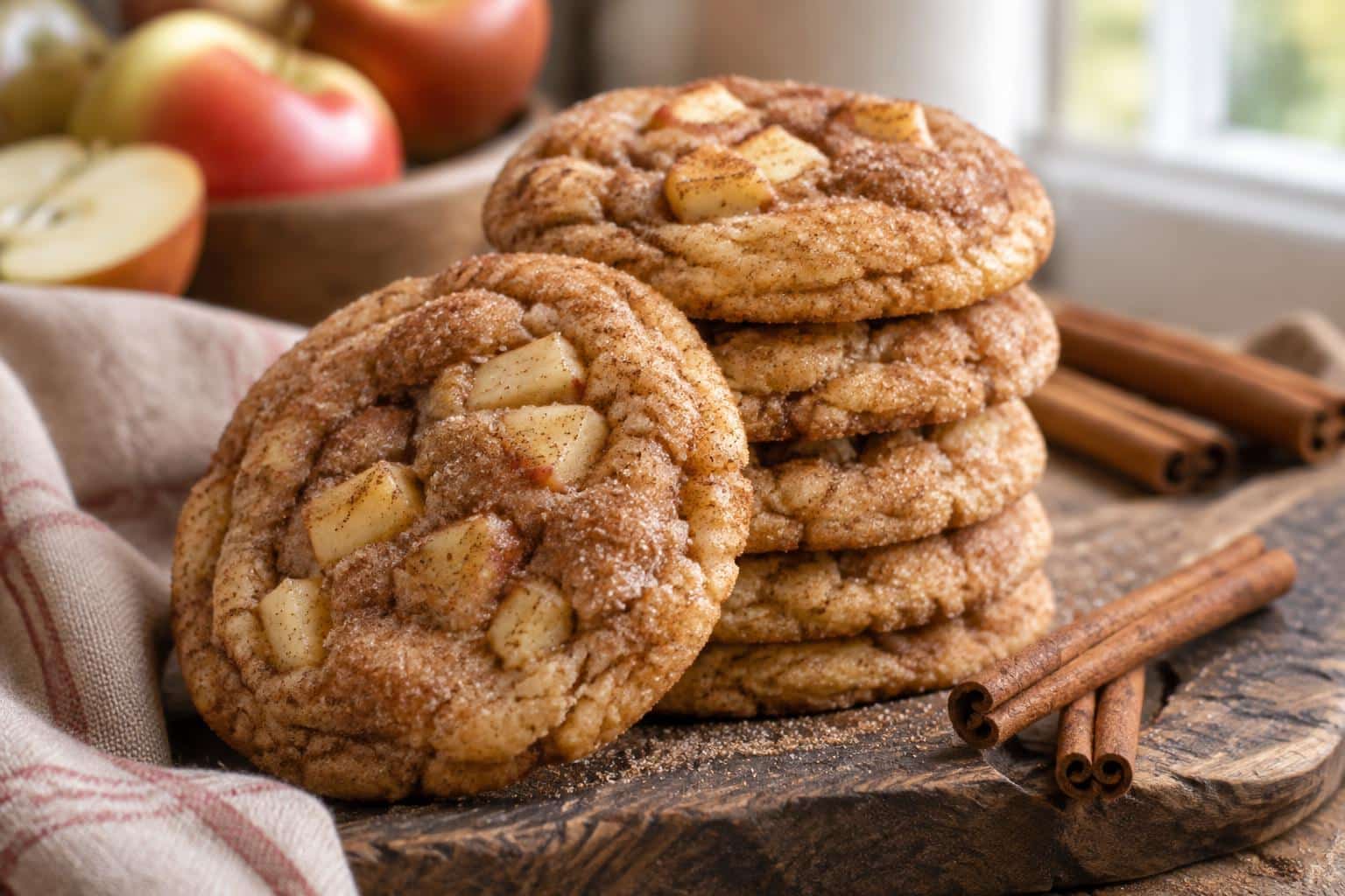 stack of apple cinnamon snickerdoodle cookies with cinnamon sugar coating and apple pieces