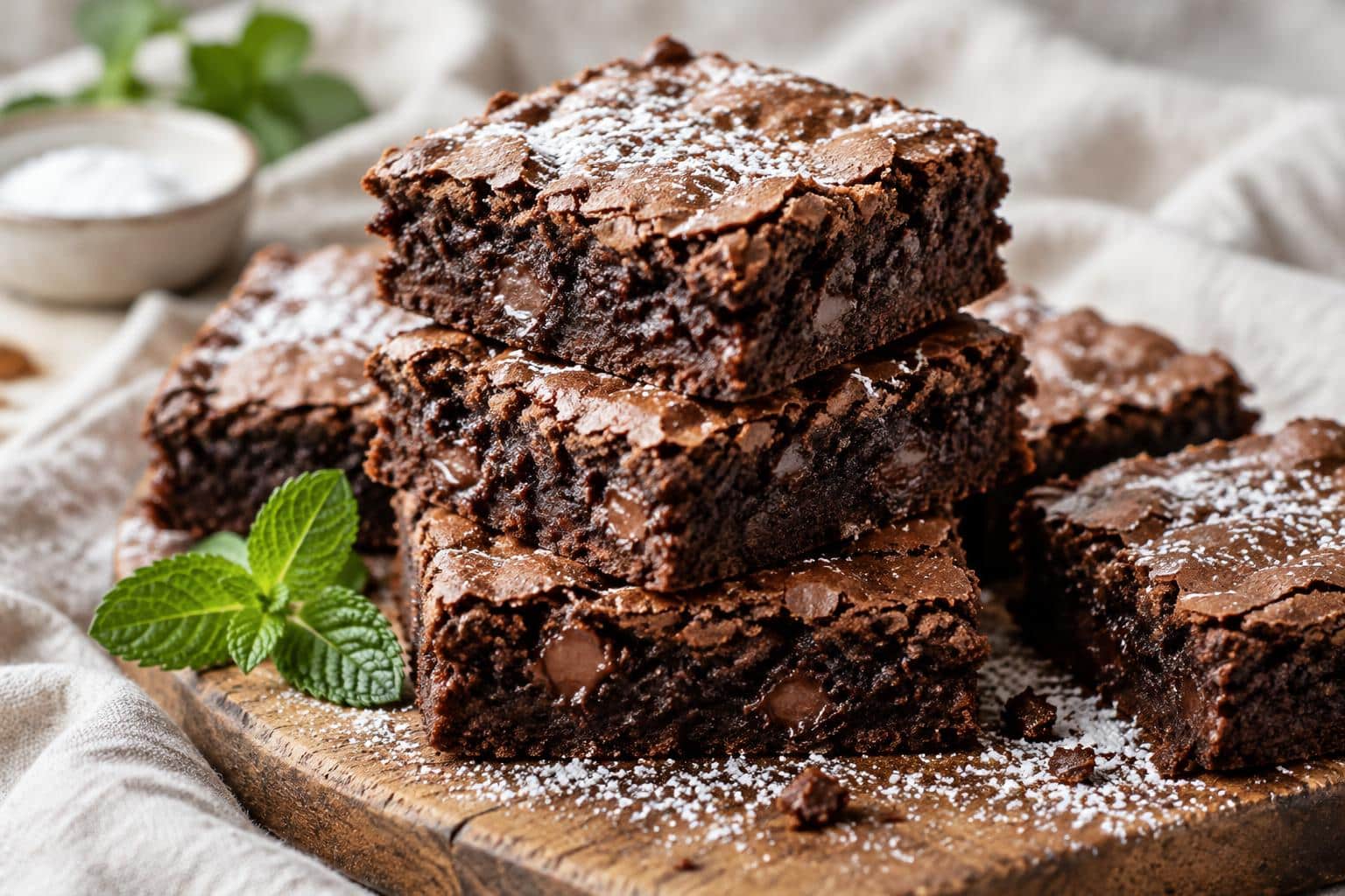 Close-up of crispy homemade chocolate brownie perfection with a fudgy texture and crackly top