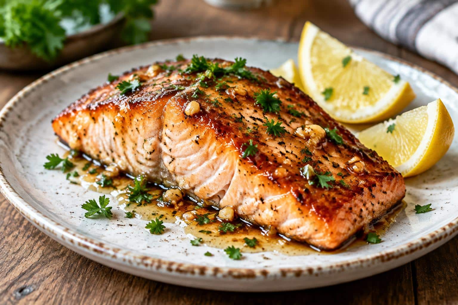 Honey garlic salmon glazed fillet garnished with parsley and lemon wedges