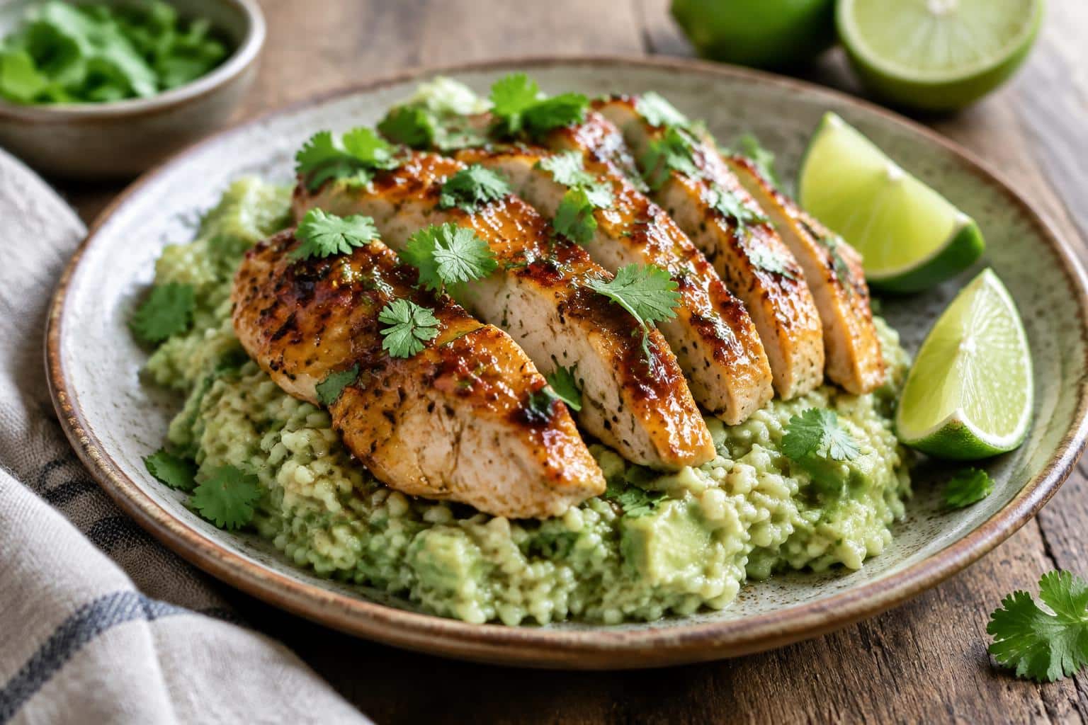 Honey lime chicken served on creamy avocado rice garnished with cilantro and lime wedges