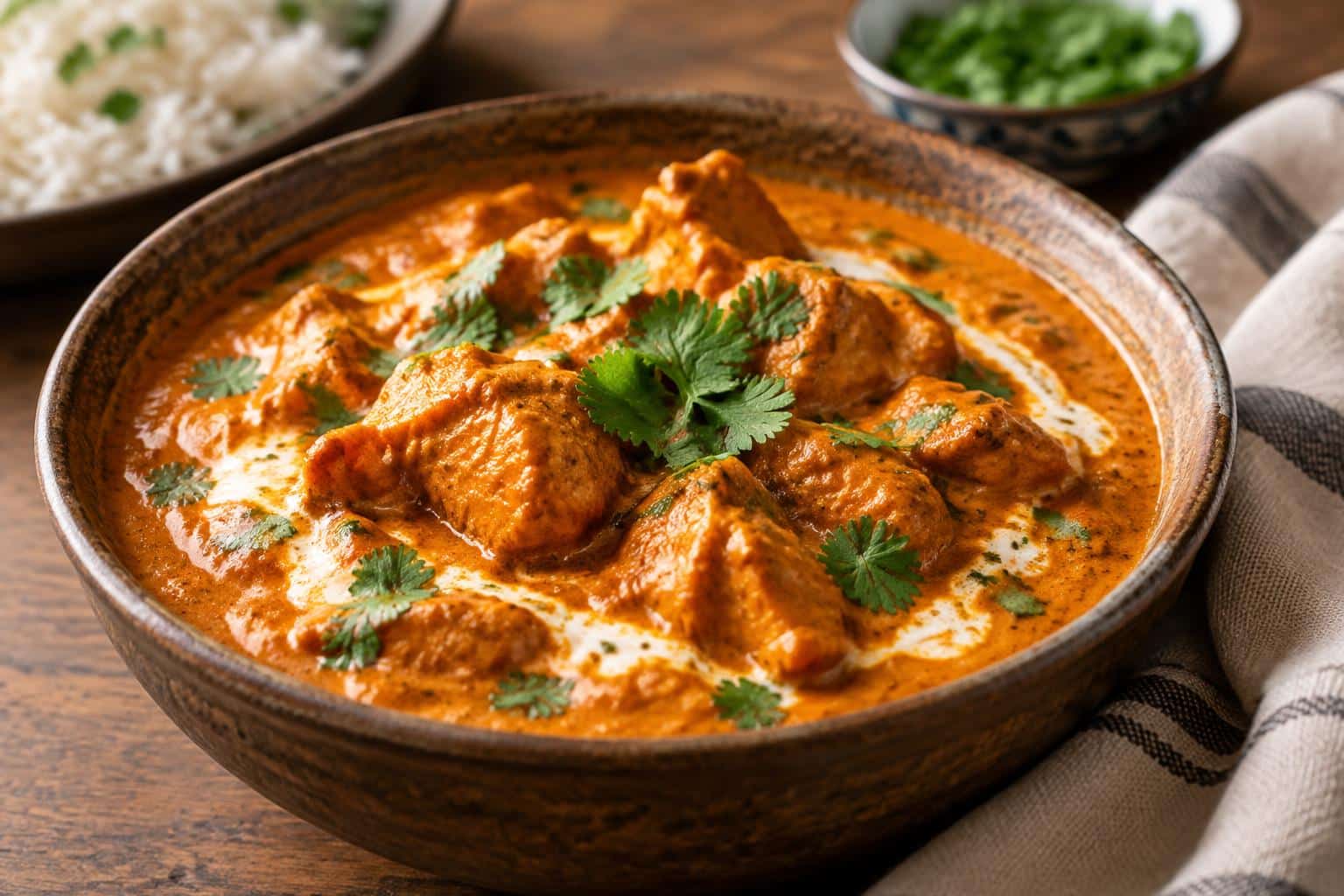 Butter chicken crockpot dish garnished with cilantro in a rustic bowl