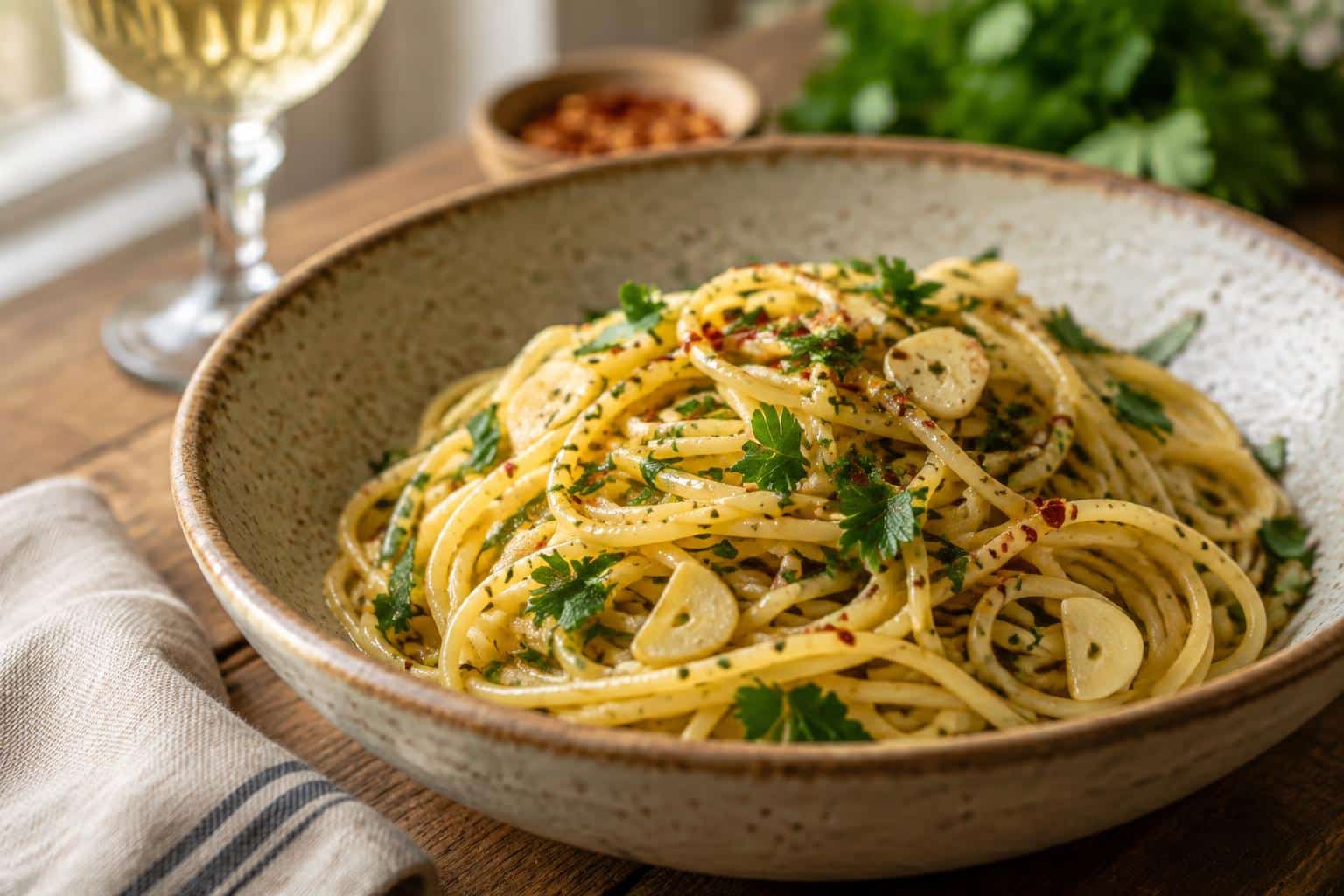 Italian pasta served with garlic olive oil sauce, garnished with parsley and red pepper flakes