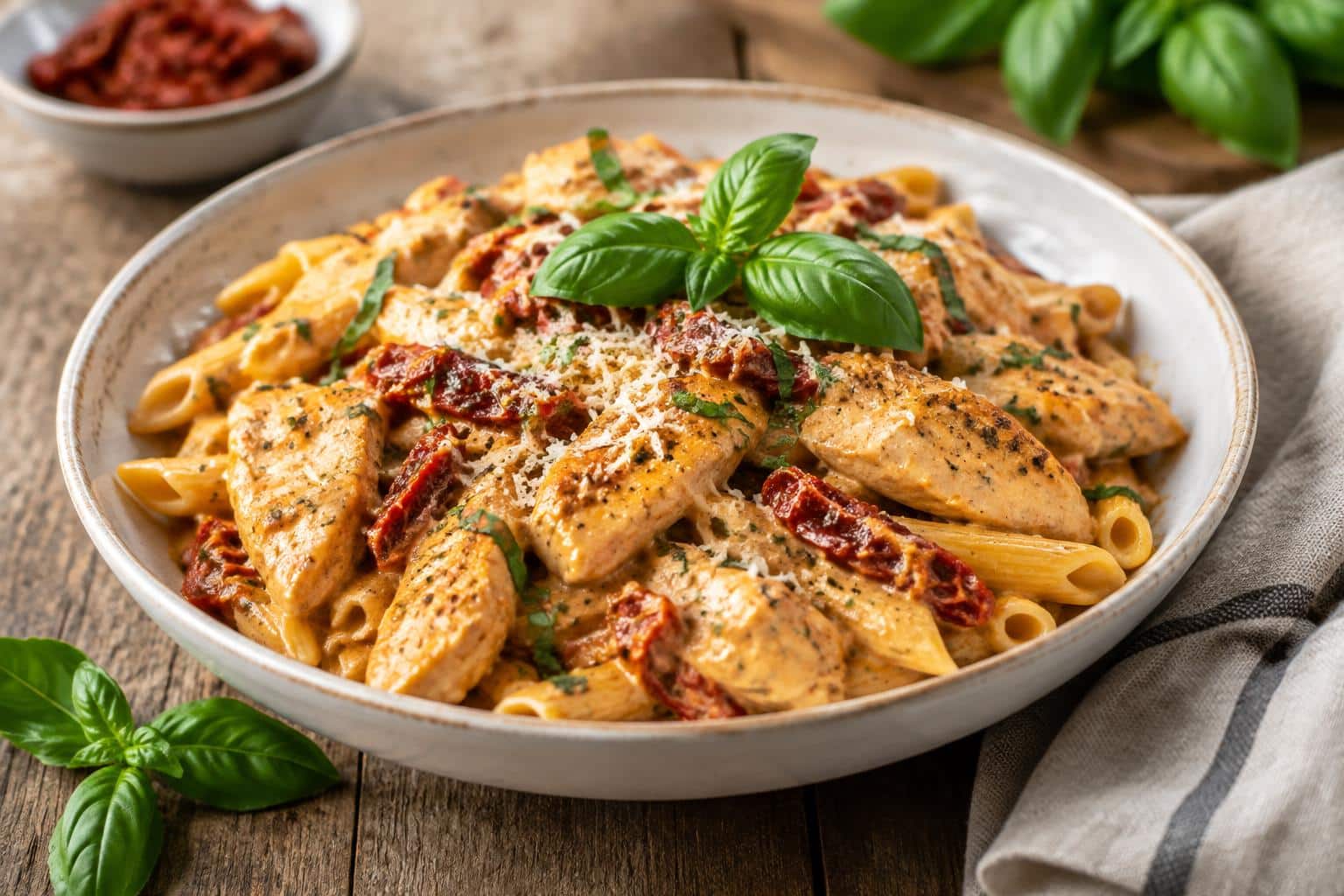 Creamy marry me chicken pasta with chicken, sun-dried tomatoes, and basil garnish on rustic plate