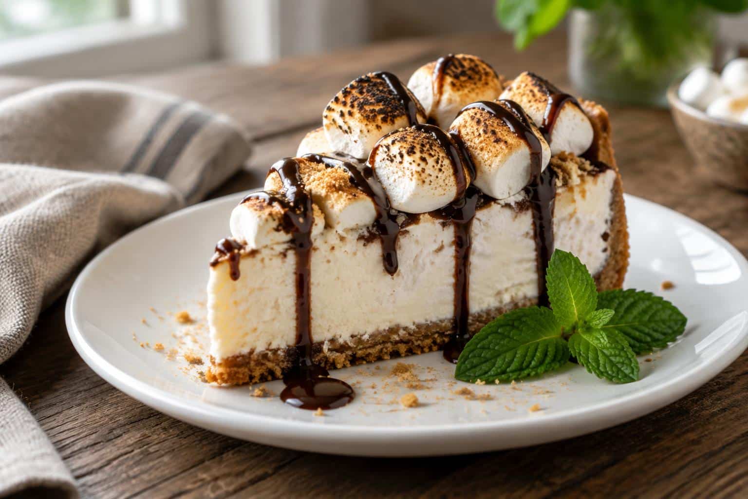 Slice of marshmallow cheesecake topped with toasted marshmallows and chocolate drizzle