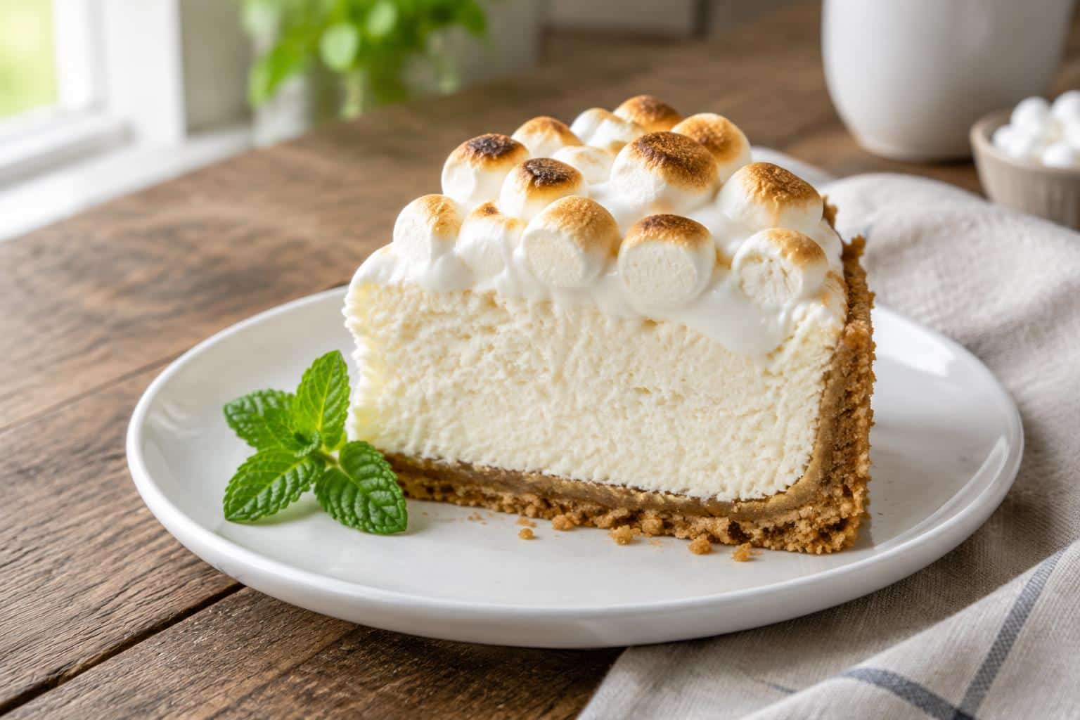 Slice of marshmallow cheesecake with whipped cream cheese topping on white plate