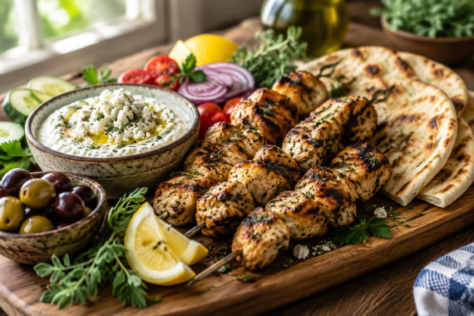 Mediterranean chicken souvlaki board with creamy feta dip and pita bread