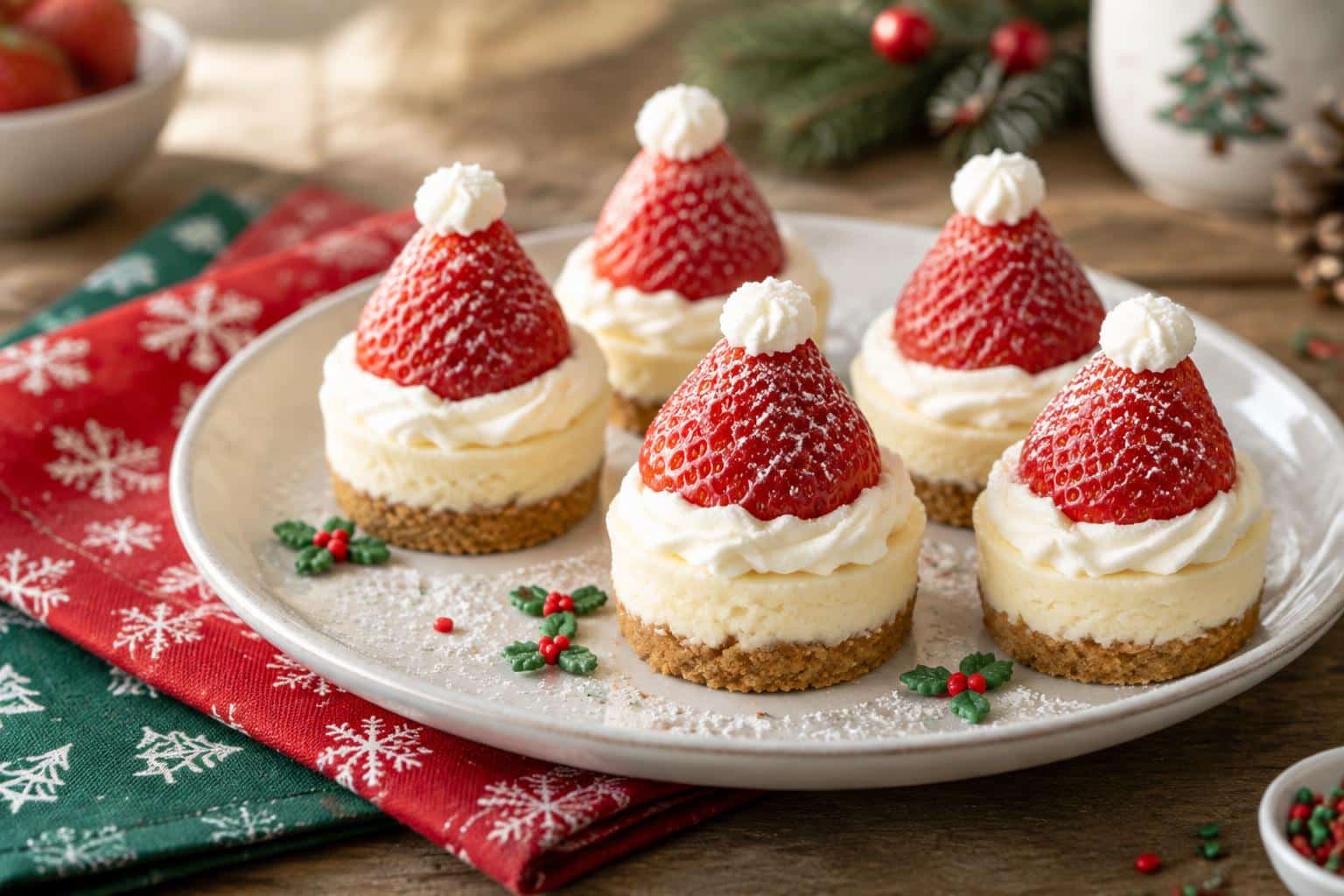Mini Santa hat cheesecakes topped with fresh strawberries and cream on a holiday dessert plate
