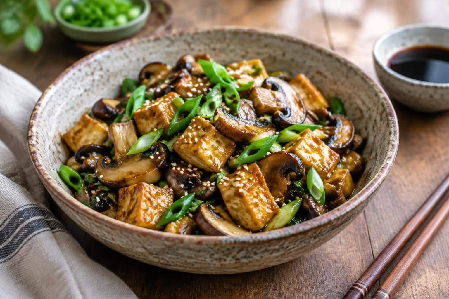 Mushroom tofu stir-fry served in a rustic bowl garnished with scallions and sesame seeds