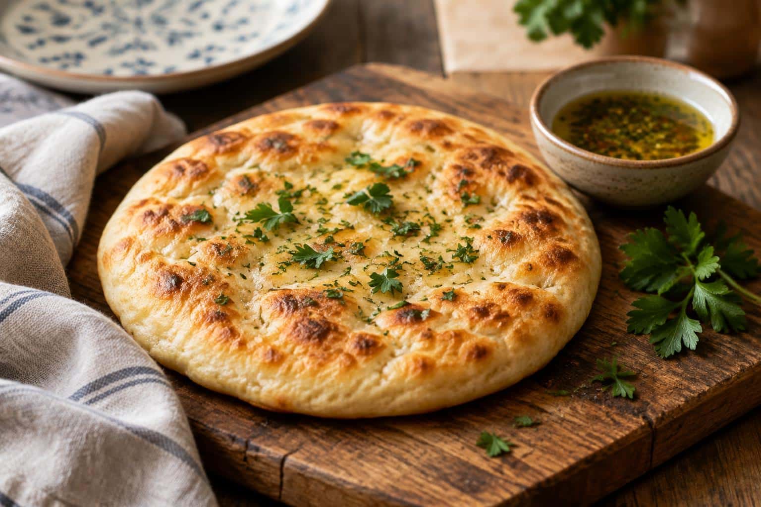Soft no-knead Turkish bread (bazlama) on wooden board with olive oil and herbs