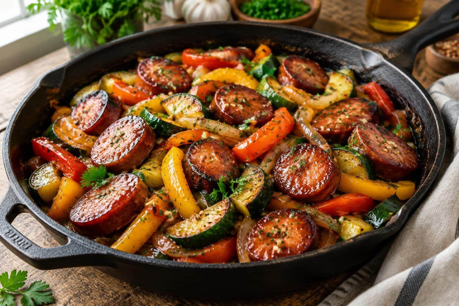 Honey garlic kielbasa and veggies cooked in one pan with caramelized glaze and fresh parsley garnish