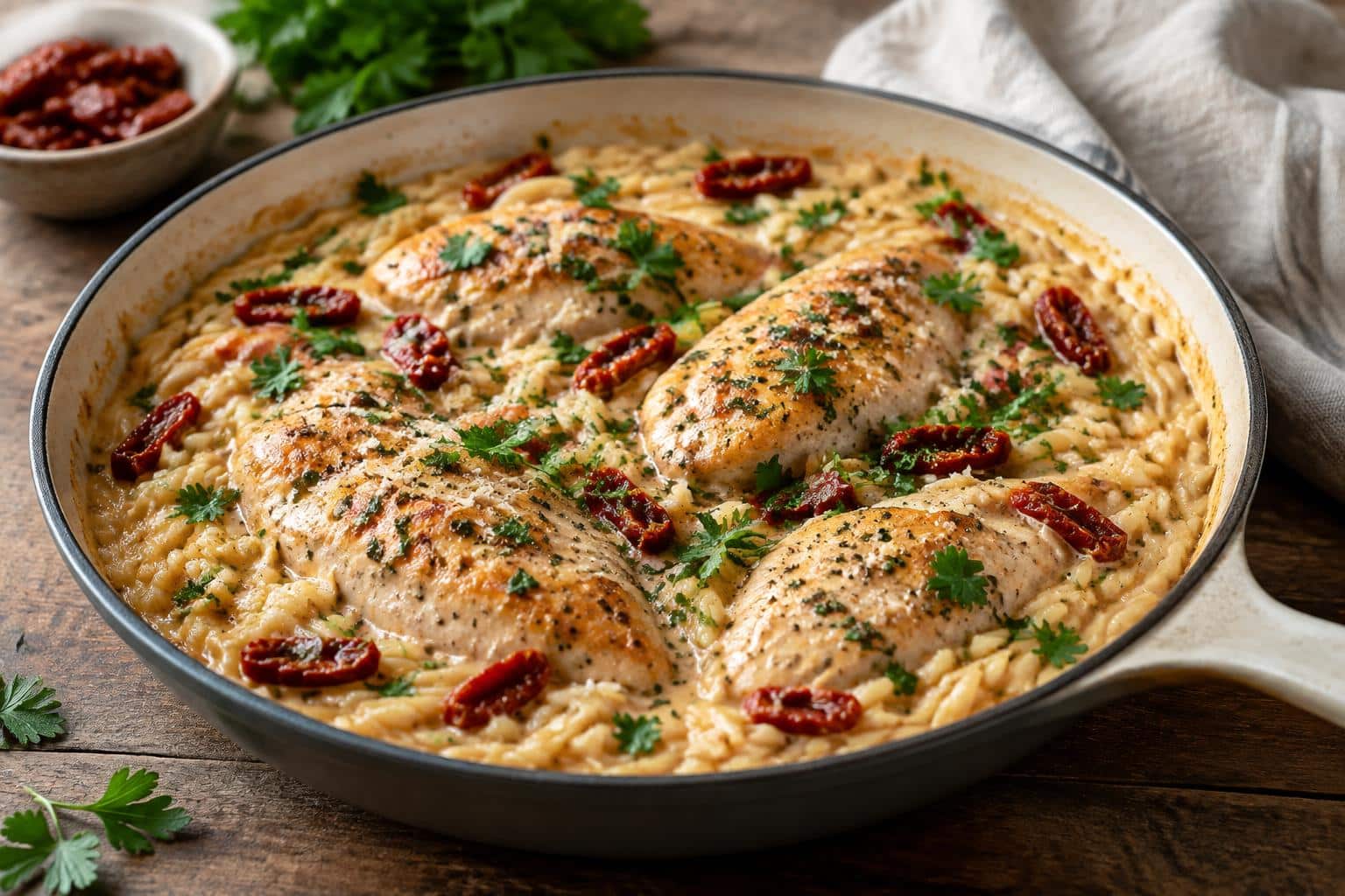 Creamy marry me chicken orzo served in a white bowl garnished with fresh parsley and sun-dried tomatoes
