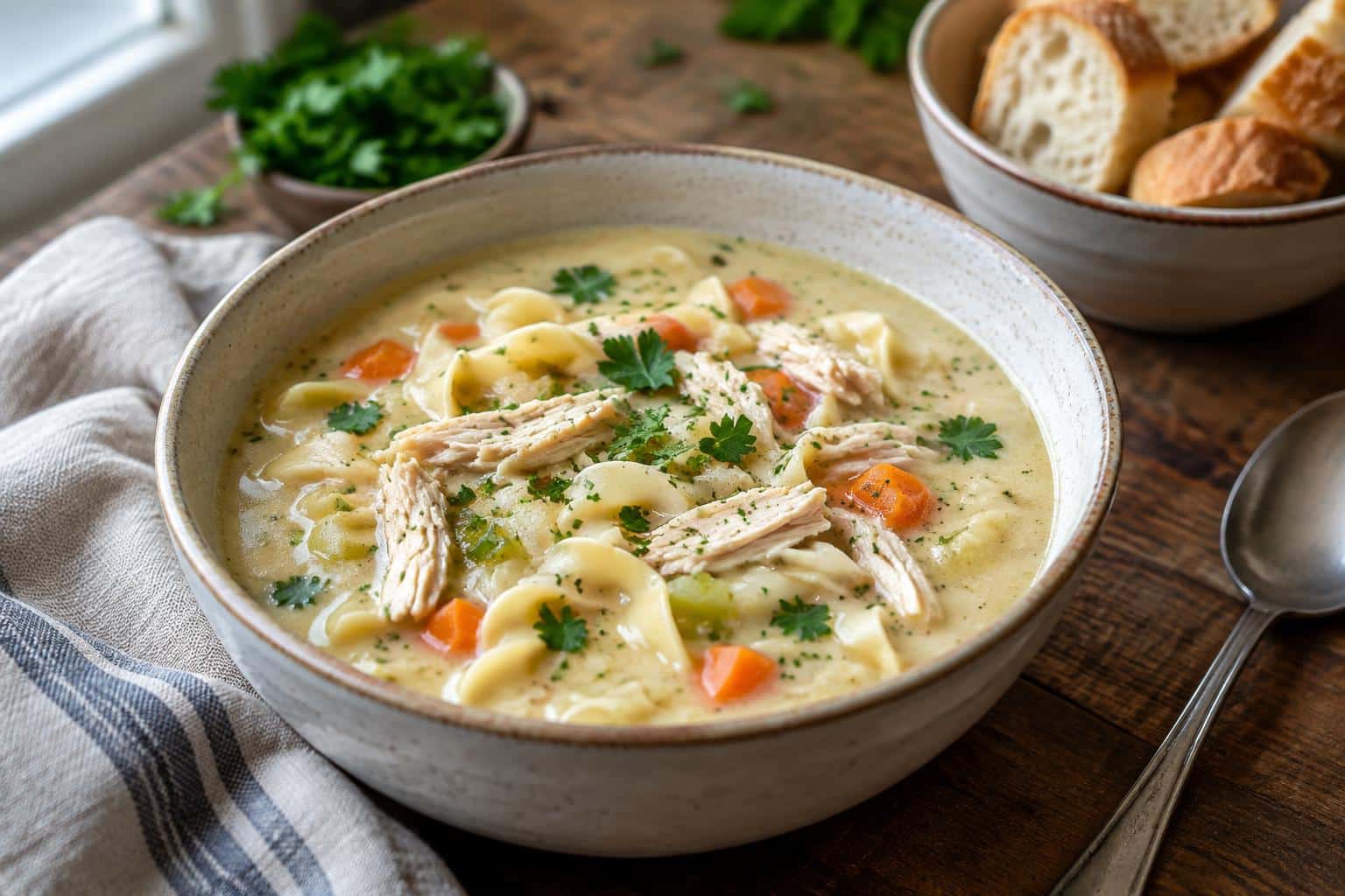 Creamy chicken noodle soup in a bowl with tender chicken and noodles, garnished with fresh herbs