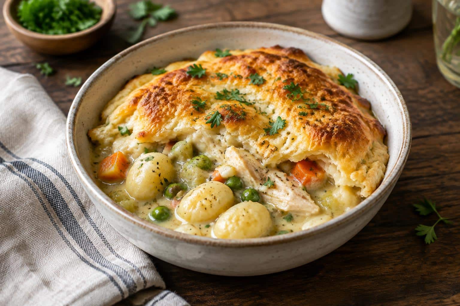 Creamy gnocchi chicken pot pie in a bowl garnished with fresh parsley, showcasing the gnocchi chicken pot pie