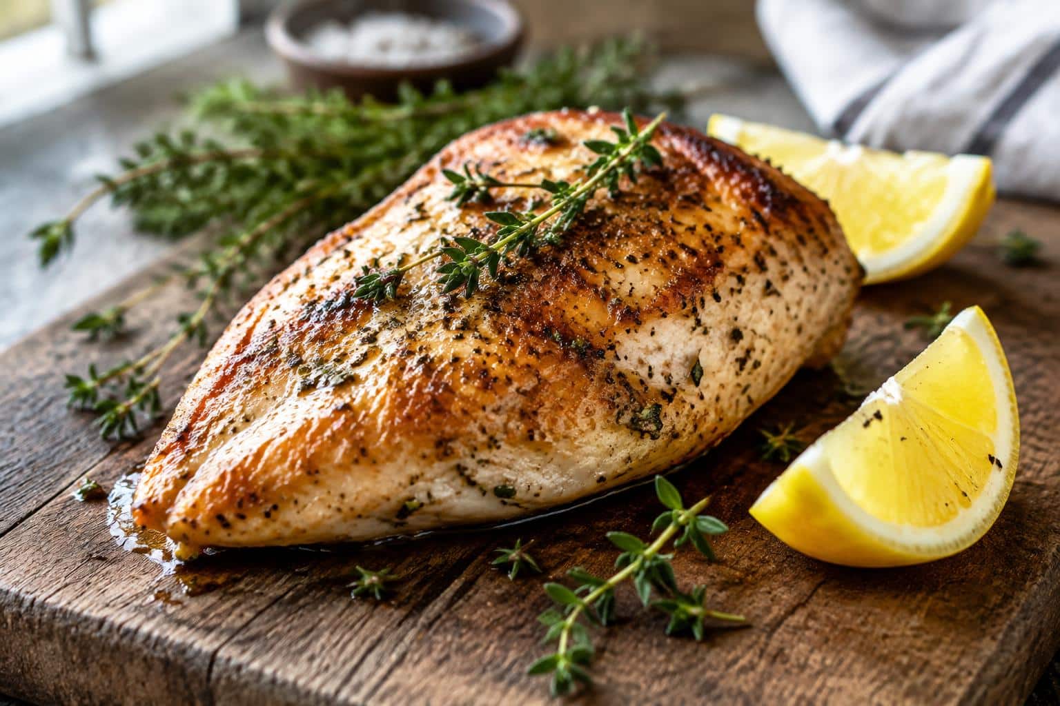 Juicy pan-seared chicken breasts with golden crust garnished with thyme and lemon wedges
