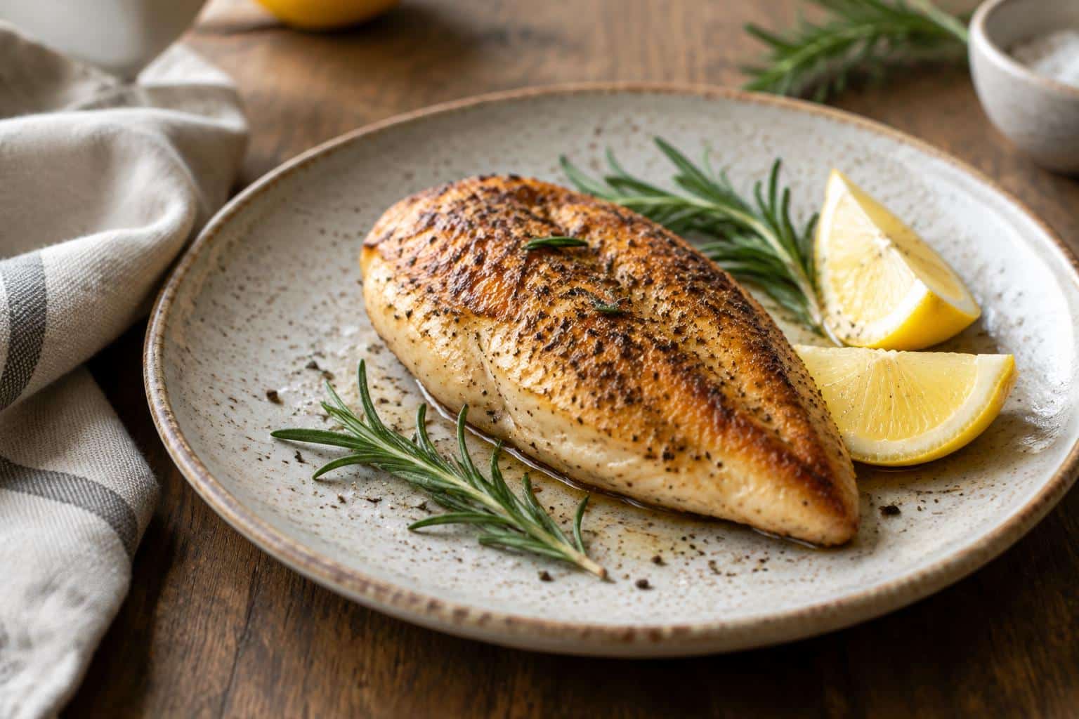 Juicy pan-seared chicken breasts garnished with rosemary and lemon wedges on a rustic plate