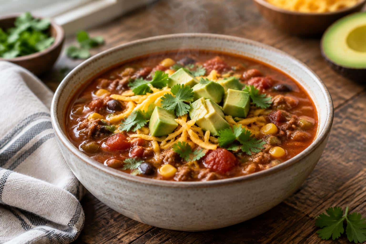 Bowl of rotel taco soup garnished with cheese and avocado in natural light