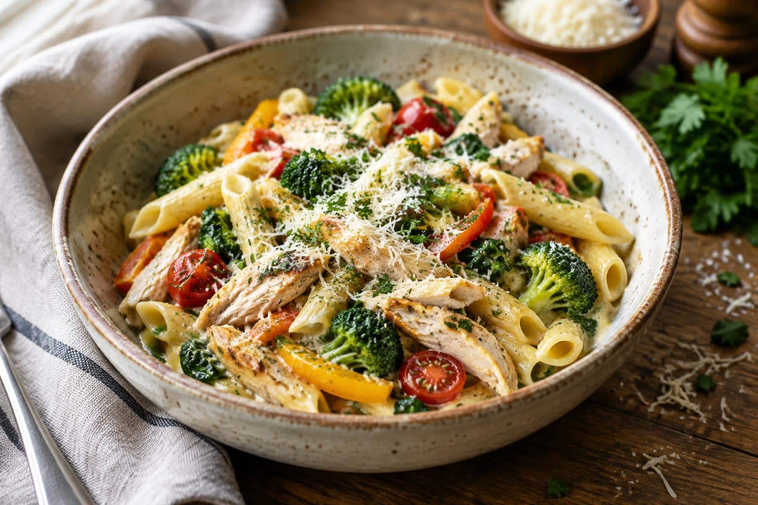 Close-up of a rotisserie chicken pasta bowl with shredded chicken and veggies, garnished with parsley and Parmesan