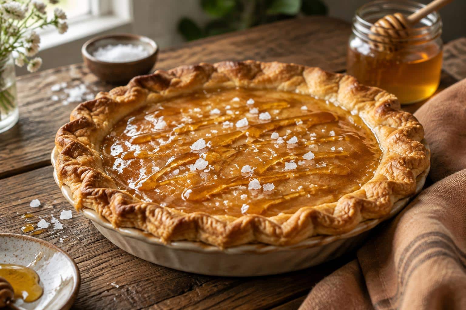 A slice of salted honey pie with flaky crust and honey glaze on rustic wooden table