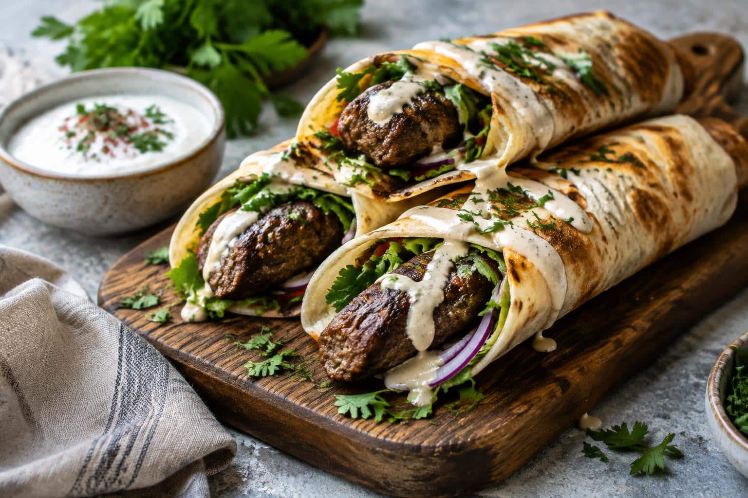 Delicious baked beef kefta wraps with creamy tahini sauce garnished with parsley on a rustic board