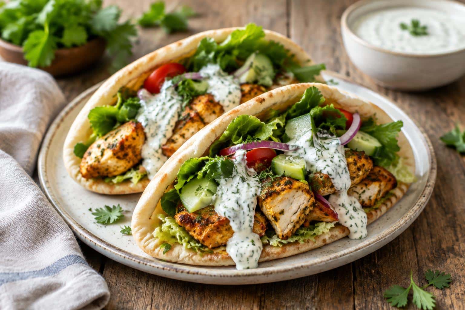 Sheet pan chicken pitas topped with creamy herby ranch and fresh greens