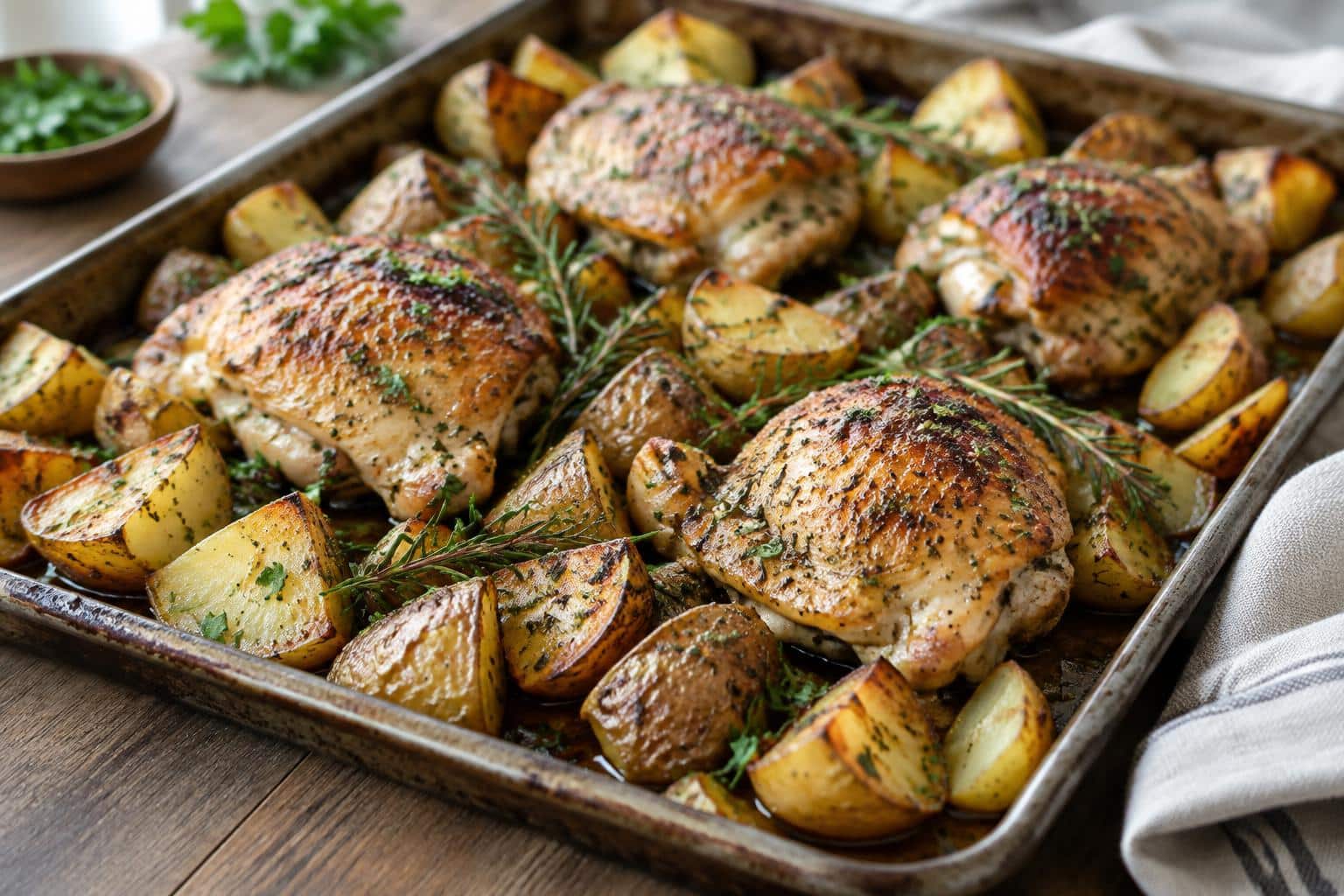 sheet pan chicken potatoes with golden roasted chicken and crispy potatoes garnished with herbs