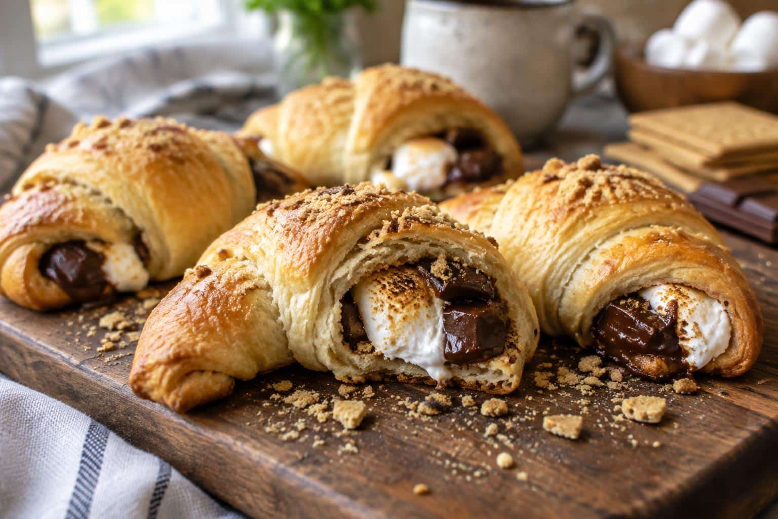 Golden baked easy s’mores crescent rolls with melted chocolate and toasted marshmallow inside