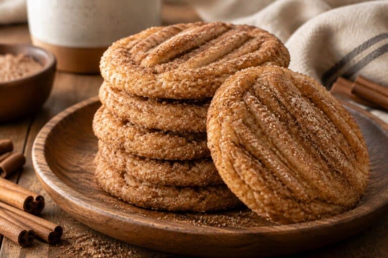 Soft and chewy cinnamon sugar churro cookies stacked on a wooden plate, coated with cinnamon sugar