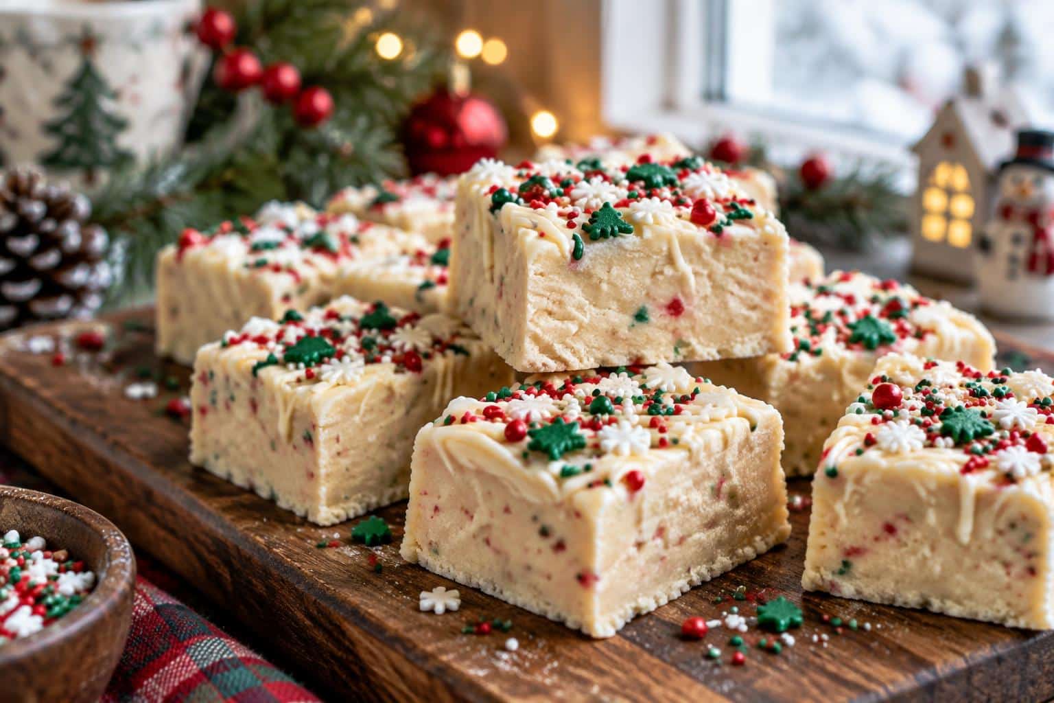 Square pieces of sugar cookie fudge with holiday sprinkles and white chocolate drizzle