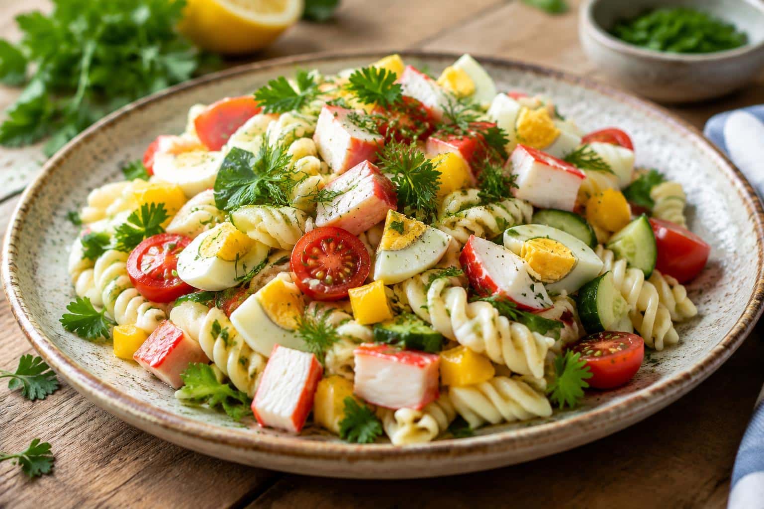 Surimi pasta salad with hard boiled eggs and fresh herbs served on a ceramic plate
