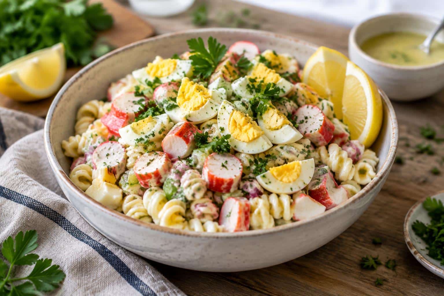 Fresh surimi pasta salad with hard-boiled eggs garnished with parsley and lemon wedges