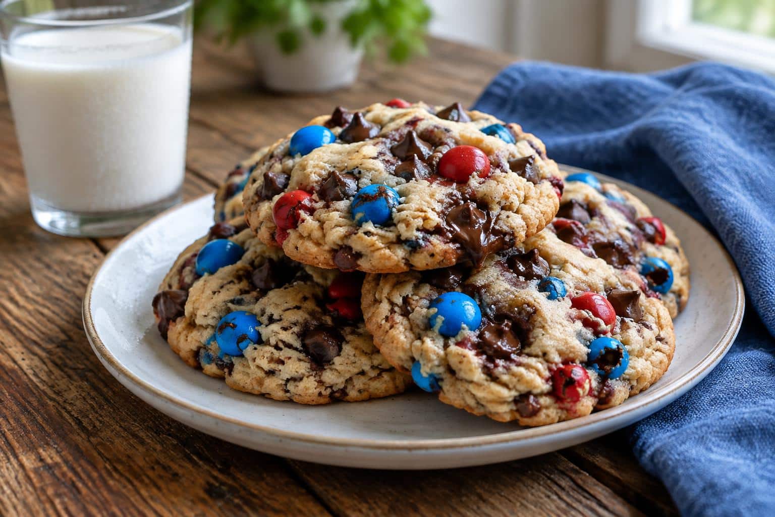 plate of freshly baked cookie monster cookies with chocolate chips and colorful candies in soft window light