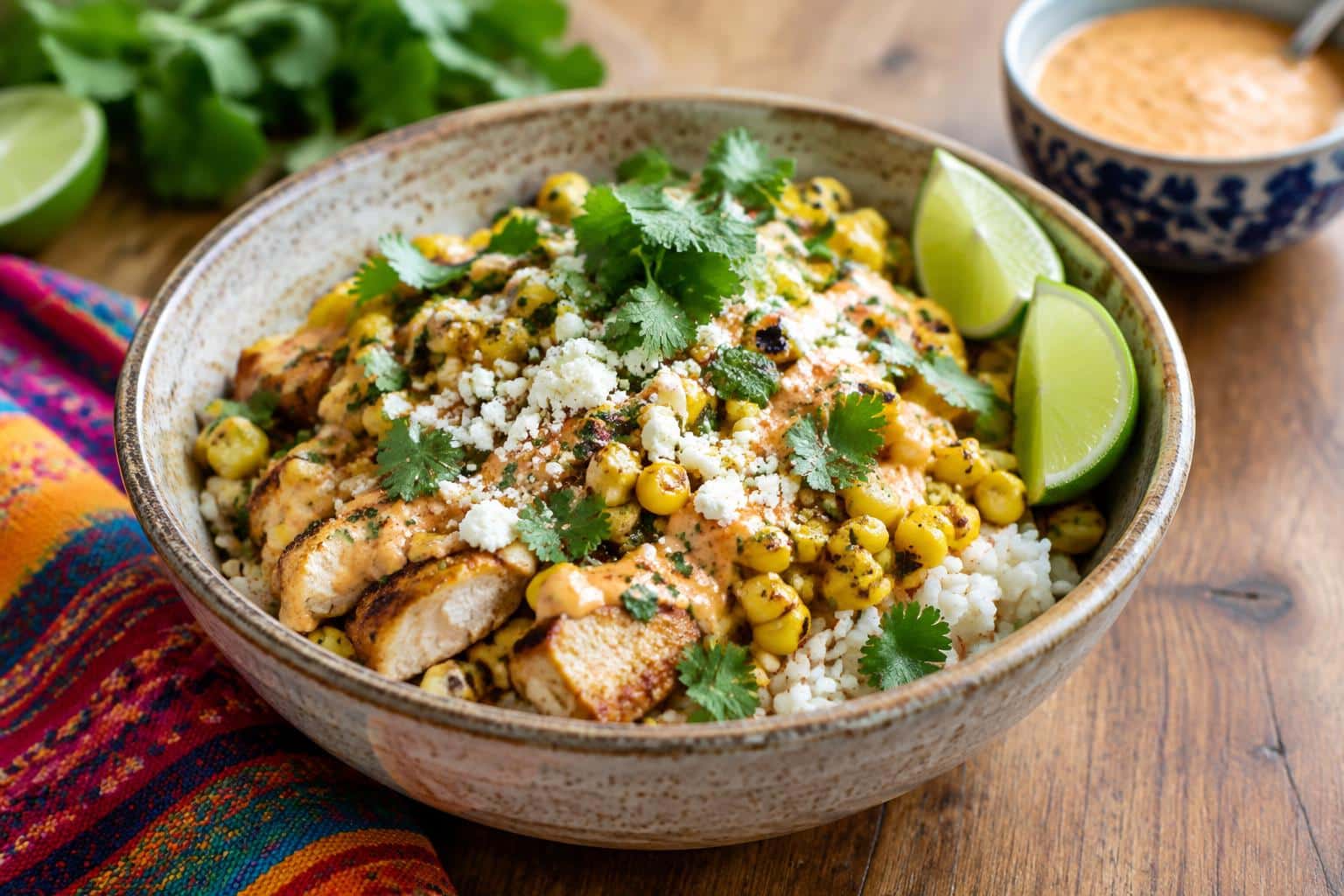 Zesty street corn chicken bowl topped with cilantro and cotija cheese in rustic bowl