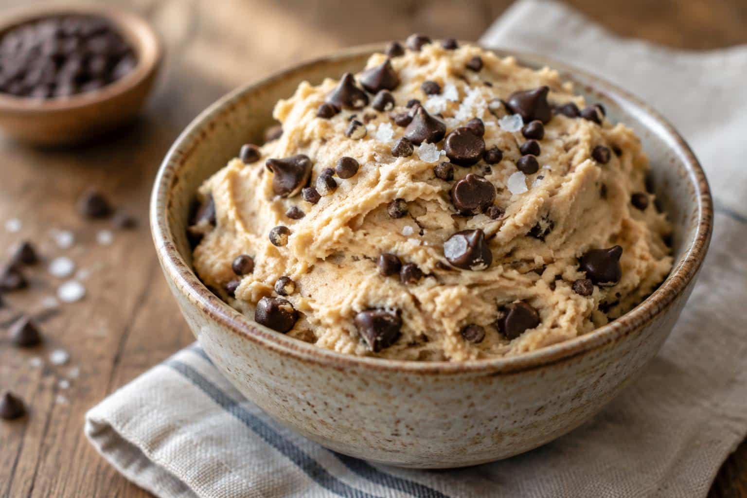 Bowl of creamy chocolate chip edible cookie dough garnished with mini chocolate chips