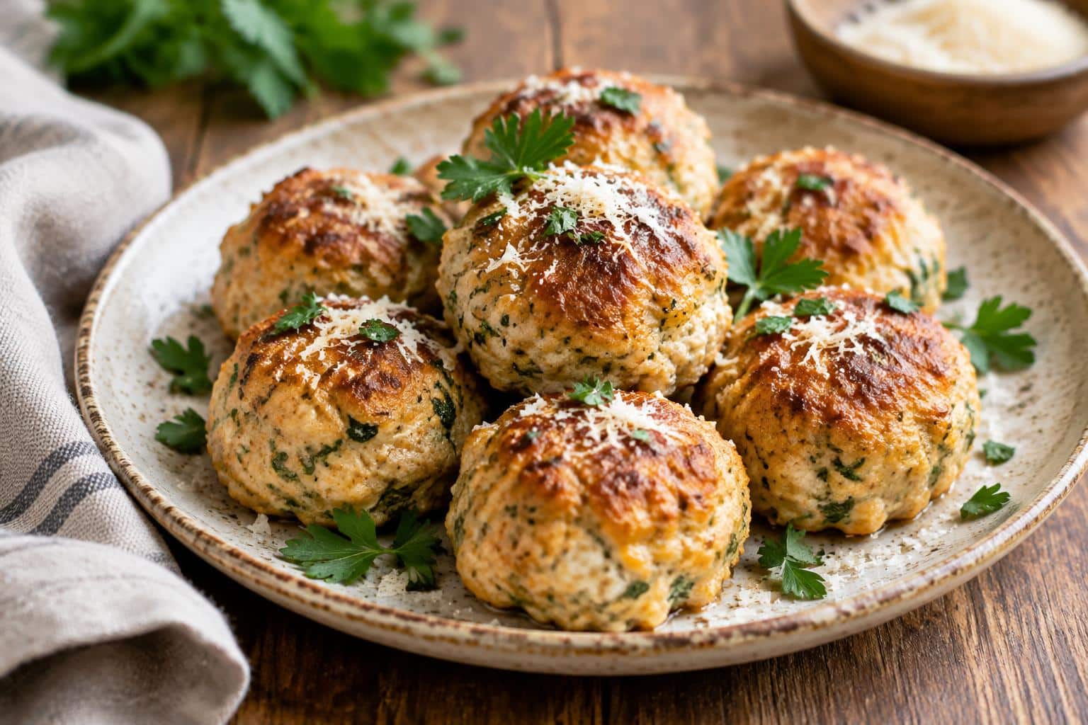 Golden baked chicken ricotta meatballs garnished with parsley and parmesan cheese on a rustic plate