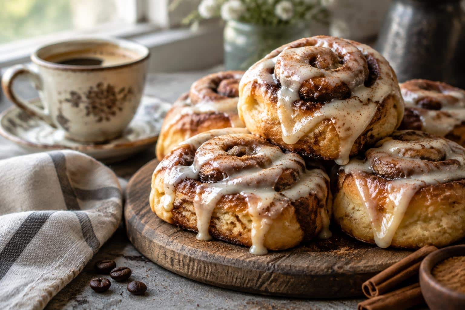 Freshly baked coffee cinnamon rolls drizzled with glaze on rustic wooden board