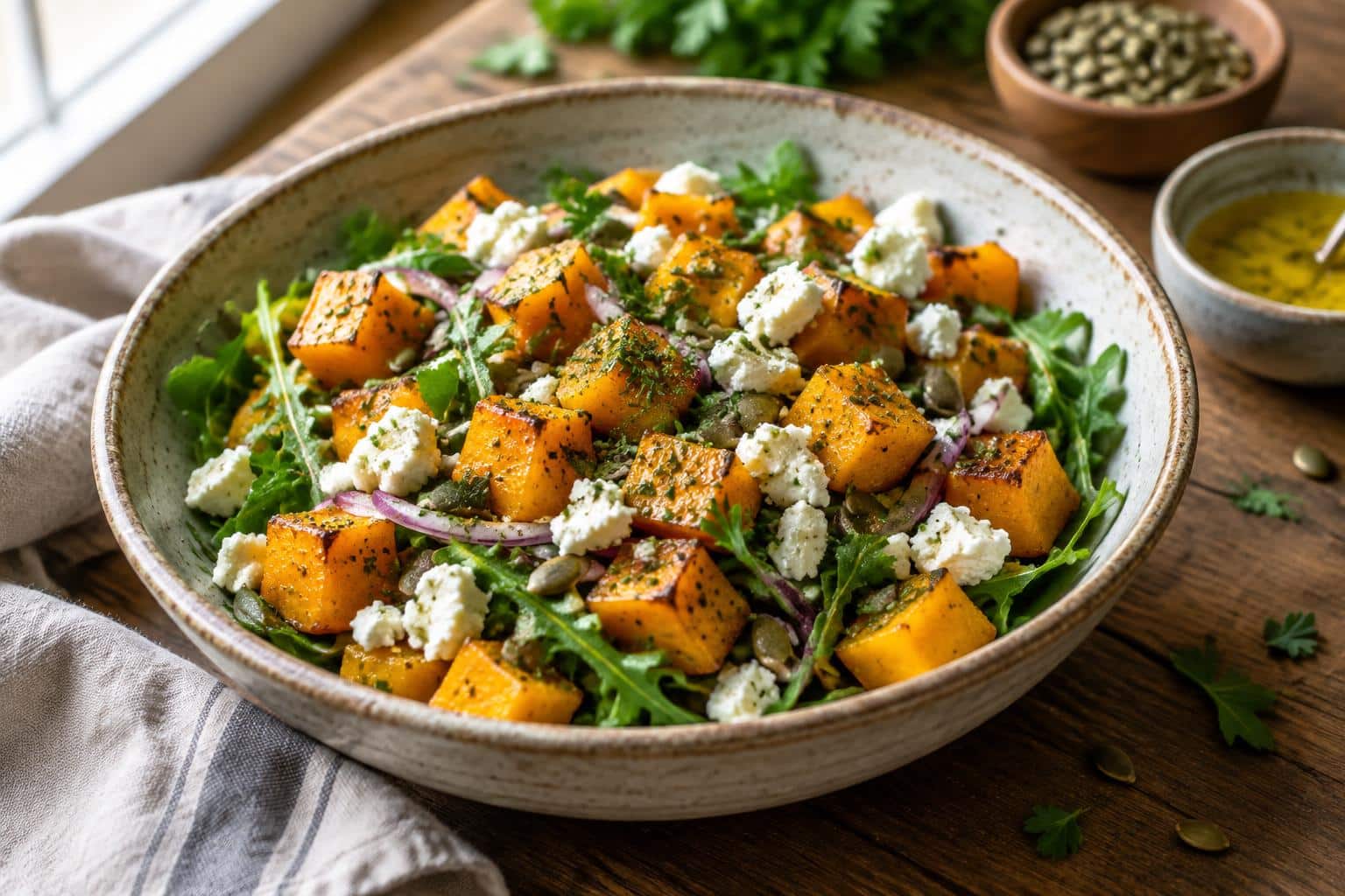 Effortless butternut squash feta salad with fresh herbs and toasted seeds